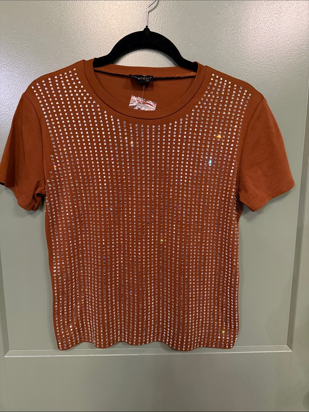 7Mango7 brown  Crewneck Top with rhinestone Accents